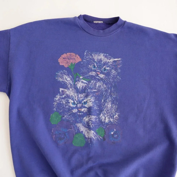 Vintage Purple with Cats and Flowers Crewneck Sweater - Picture 9 of 12